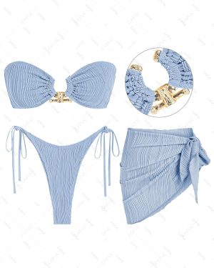 Women's Textured Metal O Ring Decor Lace Up Back Tied Side Bandeau Tanga Bikini With Mini Sarong Skirt 3PC Beach Vacation Swimwear Set Light blue