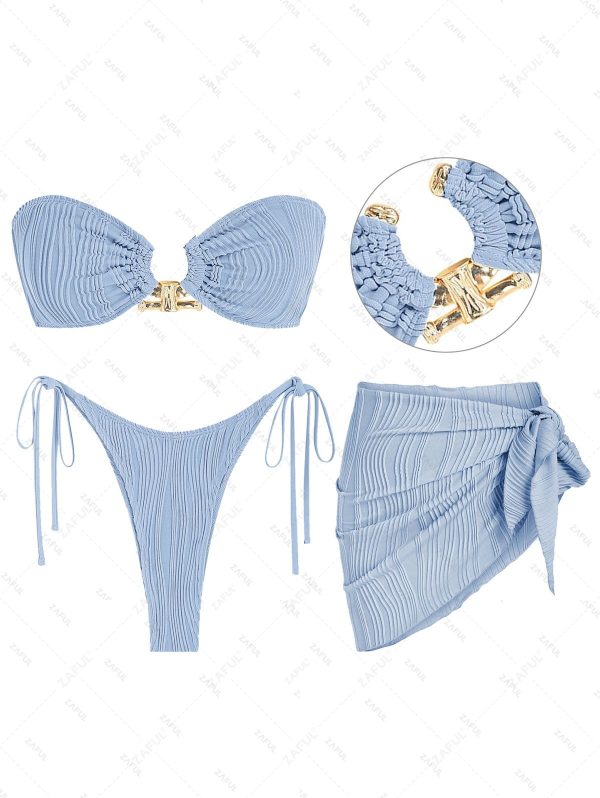 Women's Textured Metal O Ring Decor Lace Up Back Tied Side Bandeau Tanga Bikini With Mini Sarong Skirt 3PC Beach Vacation Swimwear Set Light blue