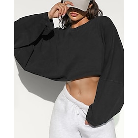 Women's Track Top Cropped Sweatshirt Pullover Short Long Sleeve Top Athleisure Wick Moisture Tennis Golf Running Sportswear Activewear Solid Colored Dark Grey