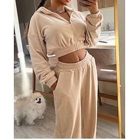Women's Tracksuit Sweatpants Cropped Athleisure Fall Long Sleeve Thermal Warm Windproof Gym Running Athleisure Sportswear Activewear Solid Colored Black White
