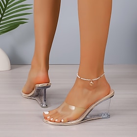 Women's Transparent Open-Toe Wedge Heels with Clear Acrylic Design - Stylish, Comfortable Heeled Sandals for Summer, Beach Party