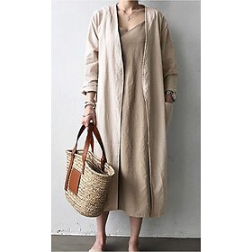 Women's Trench Coat Office Pocket Solid Color Modern Style Loose Fit Outerwear Long Sleeve Spring Light Blue S