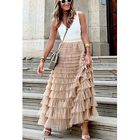 Women's Trumpet / Mermaid Long Skirt Maxi Skirts Ruffle Tulle Solid Colored Vacation Casual Daily Spring Summer Tulle Summer Black White Pink Khaki