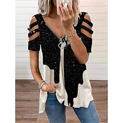 Women's Tunic Top Cold Shoulder Short Sleeve Galaxy Zip Front Asymmetrical Hem Casual Spring Fall Black White Loose Fit Clothing Apparel