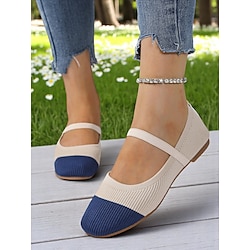Women's Two-Tone Knit Ballet Flats with Strap - Breathable Casual Mary Jane Shoes for Daily Wear, Walking and Spring Outings