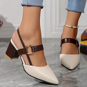 Women's Two-Tone Slingback Block Heel Pumps - Elegant Pointed Toe Slip-On Shoes with Gold Accent for Office, Parties Formal Events