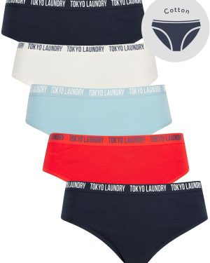 Womens Underwear Zara (5 Pack) Cotton Assorted Briefs in Navy Blazer / Fiery Red / Forget-Me-Not Blue / Jet Stream White / XS - Tokyo Laundry