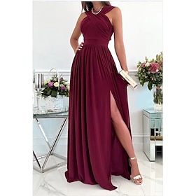 Women's Valentine Party Dress Wedding Guest Dress Long Dress Maxi Dress Wine Red Beige Sleeveless Pure Color Backless Spring Summer Halter Neck