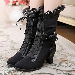 Women's Victorian Gothic Lace-Up Ankle Boots with Bow and Ruffle Trim - Gatsby-Inspired Elegant Boots for Cosplay, Costume Parties, and Vintage Fashion