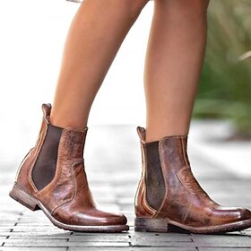 Women's Vintage Brown Faux Leather Chelsea Ankle Boots with Elastic Side Panels - Casual Slip-On Style for Fall and Winter Outfits