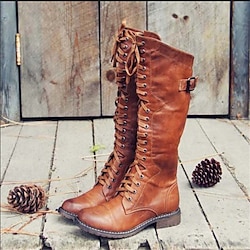 Women's Vintage Brown Faux Leather Riding Boots with Lace-Up and Buckle Detail - Knee-High Equestrian Style for Casual and Outdoor Wear