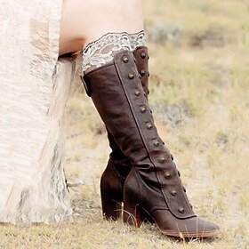 Women's Vintage Brown Knee-High Leather Boots with Button Detailing and Block Heel - Perfect for Outdoor Adventures and Country Chic Style