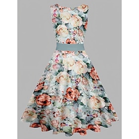 Women's Vintage Elegant Vintage Tea Dresses Midi Dress Daily Date Ruched Print Floral Crew Neck Sleeveless Slim Summer Spring 2023 Pink Blue S M L XL
