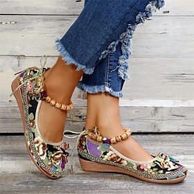 Women's Vintage Floral Embroidered Wedge Shoes - Ethnic Bohemian Style, Comfortable Slip-On Ballet Flats with Bowknot - Casual Festival Footwear