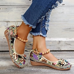 Women's Vintage Floral Embroidered Wedge Shoes - Ethnic Bohemian Style, Comfortable Slip-On Ballet Flats with Bowknot - Casual Festival Footwear