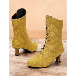 Women's Vintage Floral Lace-Up Ankle Boots with Mid Heel - Elegant Jacquard Boots for Retro Style and Special Occasions