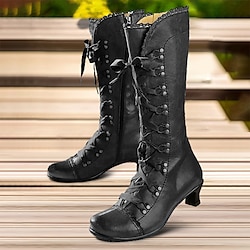 Women's Vintage Gatsby Victorian Lace-Up Mid-Heel Black Faux Leather Boots - Steampunk Gothic Style for Daily Wear, Cosplay, and 1920s Gatsby Parties