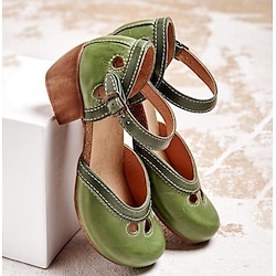 Women's Vintage Green Mary Jane Faux Leather Heels with Cutout Design and Adjustable Strap - Comfortable Retro Block Heel Shoes for Casual and Formal Occasions