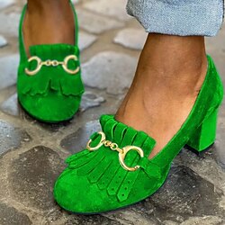 Women's Vintage Green Suede Loafers with Gold Buckle and Fringe Detailing - Block Heel Shoes for Formal and Casual Occasions