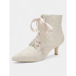 Women's Vintage Lace Ankle Boots with Satin Ribbon Laces and Kitten Heels - Elegant Bridal Shoes for Weddings and Victorian-Inspired Events