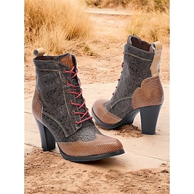 Women's Vintage Lace-Up Ankle Boots - Stylish Patchwork High Heels for Oktoberfest, Casual, and Formal Wear