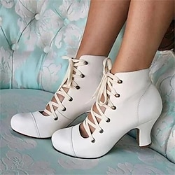 Women's Vintage Victorian Lace-Up Ankle Boots - Retro Style White Mid-Heel Boots for Cosplay Special Events