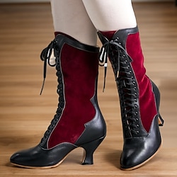 Women's Vintage Victorian Lace-Up Boots - Red and Black Gothic Steampunk Heeled Boots for Cosplay, Costumes, and Christmas Occasions
