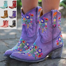 Women's Vintage Western Cowboy Boots - Floral Embroidered Faux Leather Ankle Boots for Casual and Festival Wear