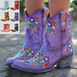 Women's Vintage Western Cowboy Boots - Floral Embroidered Faux Leather Ankle Boots for Casual and Festival Wear
