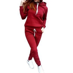Women's Warm Sports Hoodie Tracksuit Pants Sets Joggers Pants Trousers Long Sleeve Hooded Solid Color Drawstring Outdoor Casual Black Pink Wine Fall Winter Regular Fit