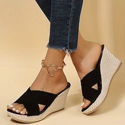 Women's Wedge Sandals - Black Suede Open-Toe Slip-On with Braided Platform for Summer, Casual, and Beach Wear