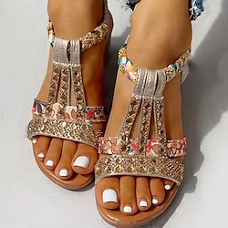 Women's Wedge Sandals with Rhinestone Embellishments - Comfortable Elastic Straps and Floral Patterned Details for Casual Summer Wear