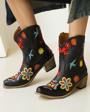 Women's Western Boots Pointed Toe Flowers Embroidered Cowboy Boots
