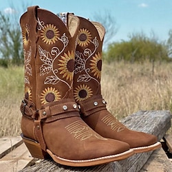 Women's Western Cowboy Boots with Sunflower Embroidery - Vintage Faux Leather Festival Boots with Belt Detail for Music Festivals and Casual Wear