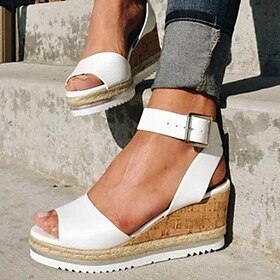Women's White Cork Wedge Sandals with Ankle Strap - Casual Summer Platform Shoes for Everyday Wea