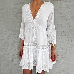 Women's White Dress Lace Dress Shift Dress Mini Dress 3/4 Length Sleeve Floral Print Summer Spring V Neck Vacation