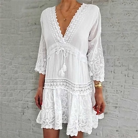 Women's White Dress Lace Dress Shift Dress Mini Dress 3/4 Length Sleeve Floral Print Summer Spring V Neck Vacation