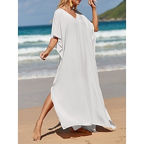 Women's White Dress Long Dress Maxi Dress Split Date Vacation Beach Maxi Basic V Neck Half Sleeve Black White Yellow Color