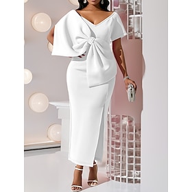 Women's White Dress Prom Dress Party Dress Ruched Split V Neck Short Sleeve Midi Dress Special Occasion Vacation White Pink Fall Winter