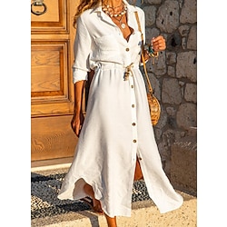 Women's White Dress Shirt Dress Boho Chic Dresses Maxi long Dress Outdoor Winter Dress Daily Casual Shirt Collar Button Up Tie Belt Long Sleeve Summer Spring Regular Fit Pure Color