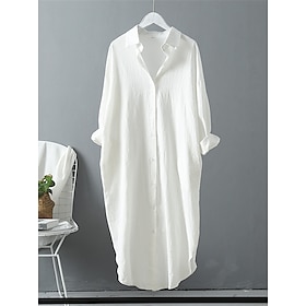 Women's White Dress Shirt Dress Cotton Linen Dress Midi Dress Office Vacation Linen Basic Casual Shirt Collar Button Long Sleeve Summer Spring Loose Fit Plain