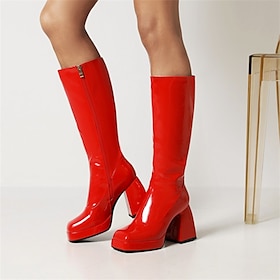 Women's White Knee-High GoGo Boots with Block Heels and Zipper Closure - Sleek Retro Design for Party and Casual Wear