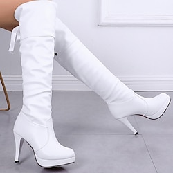 Women's White Knee-High Platform Stiletto Boots - High Heel Over-the-Knee Boots for Party and Fashion Events