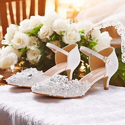 Women's White Lace Floral Embroidered Kitten Heel Shoes with Ankle Strap - Elegant Bridal Wedding Shoes