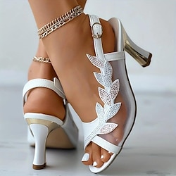 Women's White Mesh Rhinestone Heeled Sandals - Elegant Open-Toe Wedding Shoes with Leaf Design