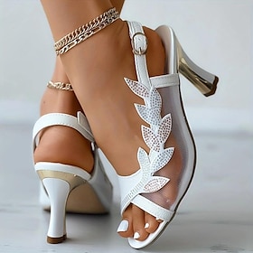 Women's White Mesh Rhinestone Heeled Sandals - Elegant Open-Toe Wedding Shoes with Leaf Design