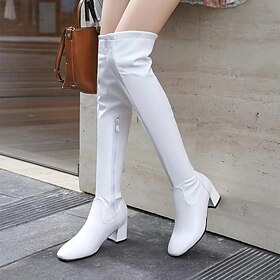 Women's White Over-the-Knee Boots with Zipper, Modern Chic Style for Fall and Winter Casual Outings