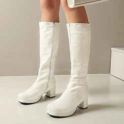 Women's White Patent Knee-High Platform Boots with Side Zipper - Vintage 70s Disco Style Chunky Heel Boots for Cosplay, Retro Fashion, and Events