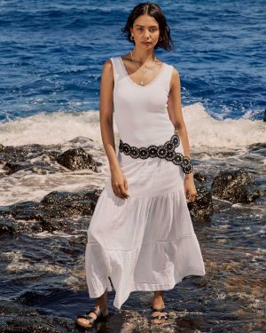 Womens White Plain Double Cotton Tiered Maxi Skirt