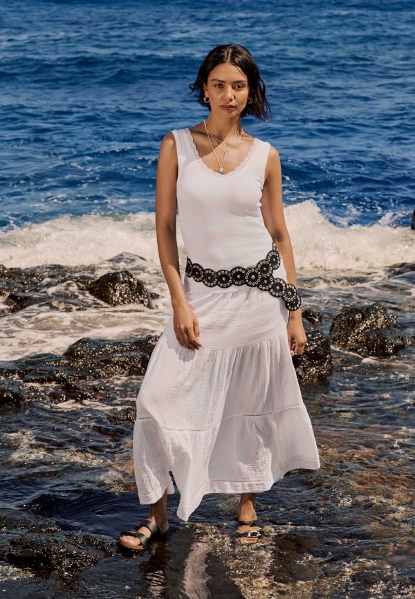 Womens White Plain Double Cotton Tiered Maxi Skirt